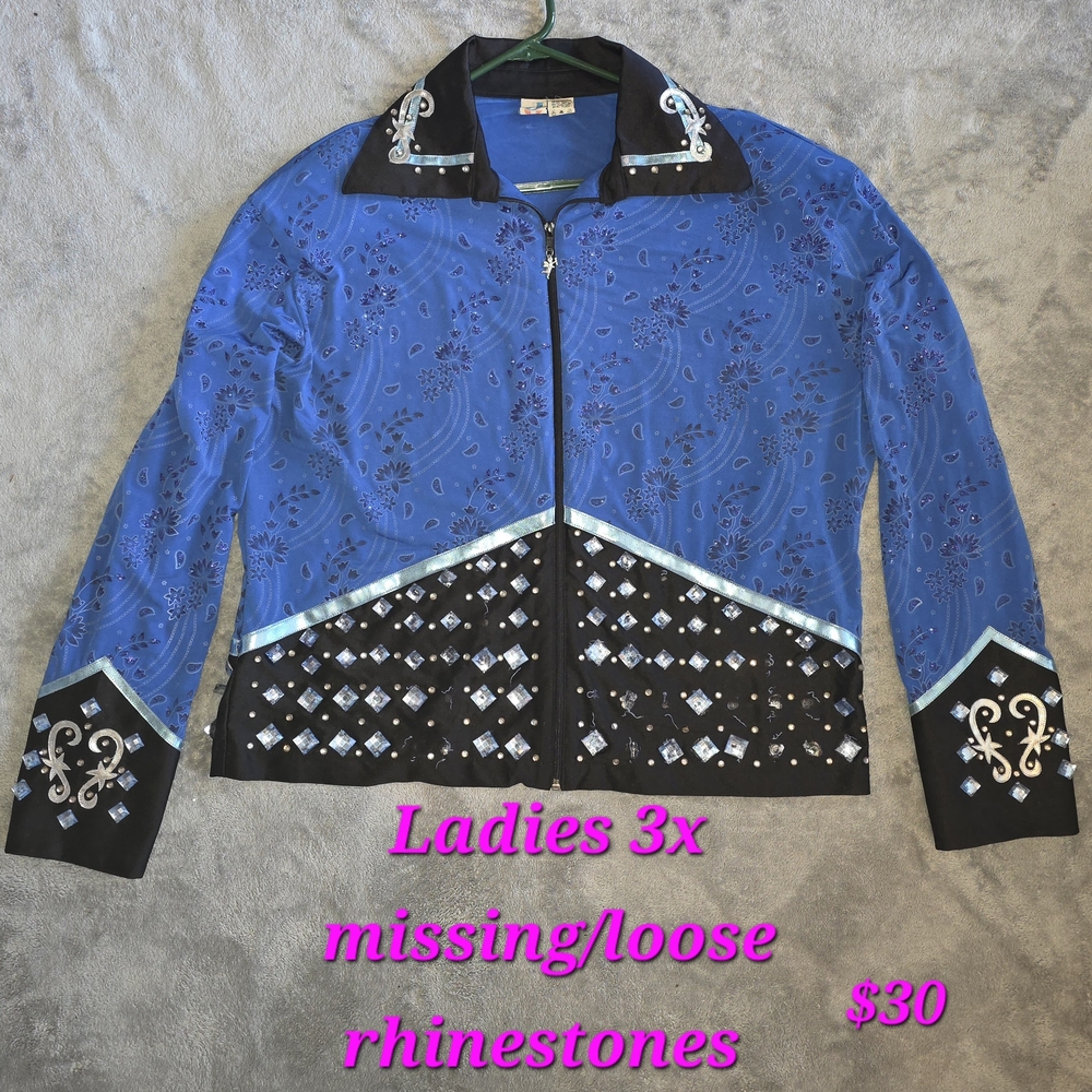 Blue and Black Ladies Western Show Shirt with Rhinestones